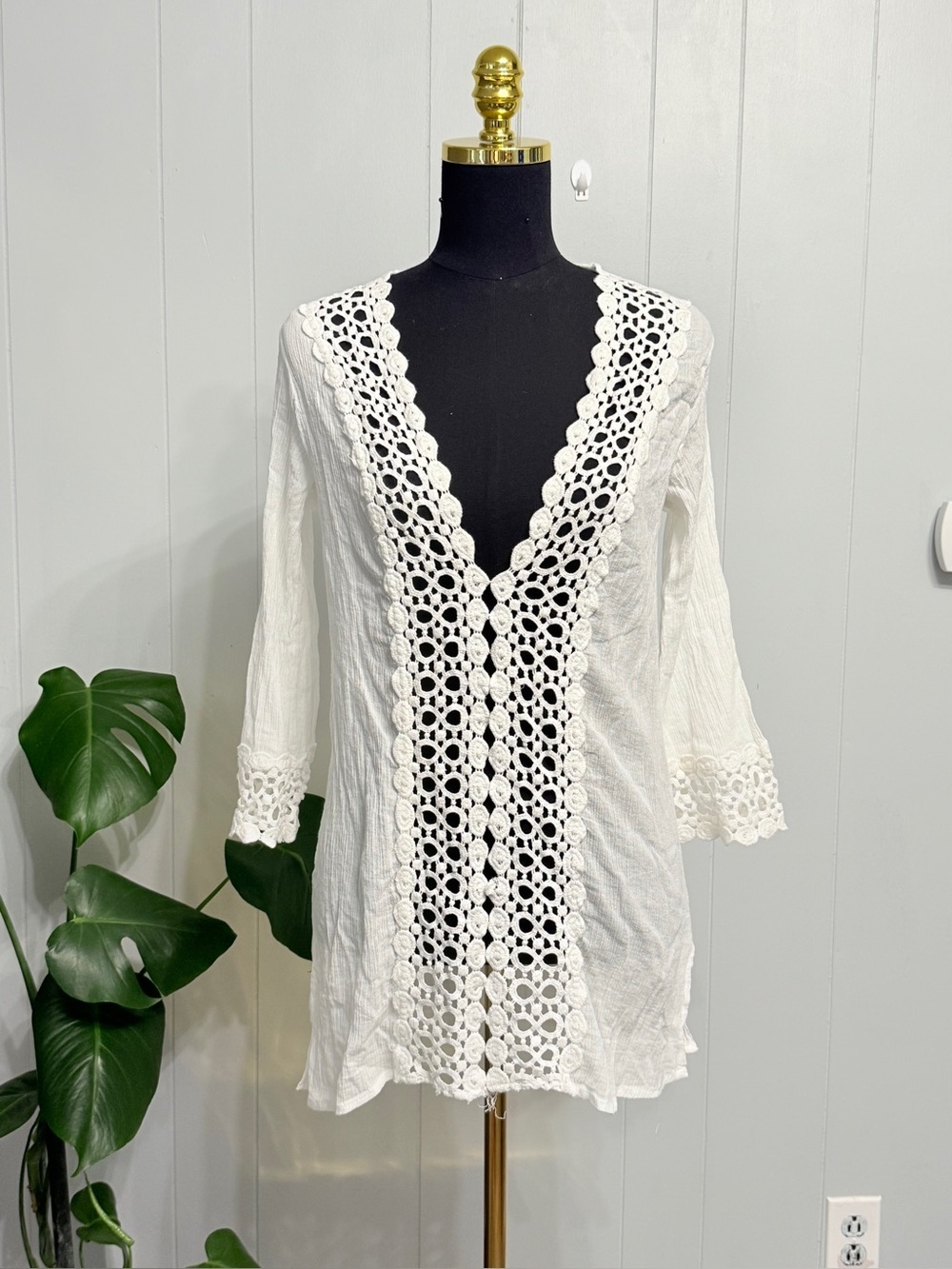 #1)  Women’s White Cotton Crochet V-Neck Swim Cover-Up